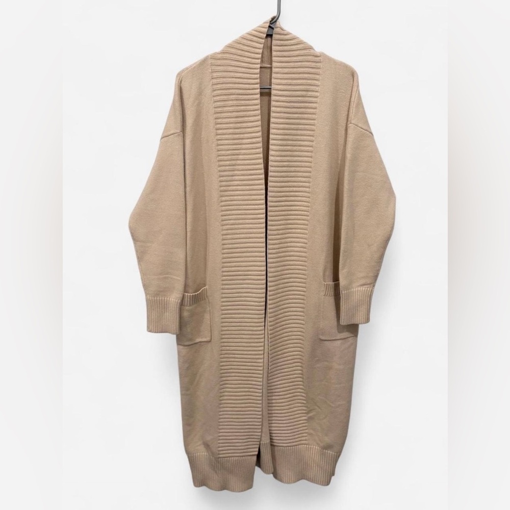Beige Longline Cardigan Large Ribbed‎ Stretch Casual Everyday Pockets Neutral